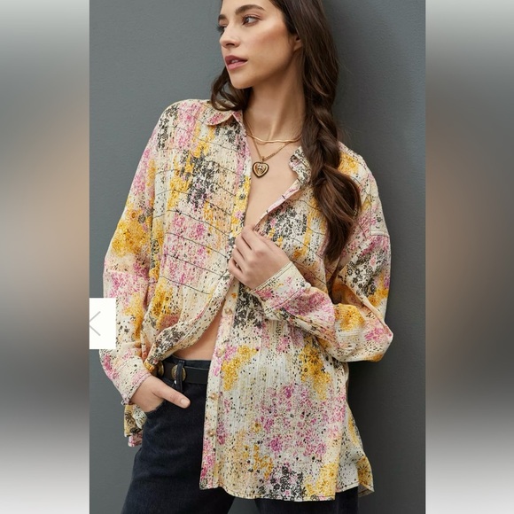Pilcro | Anthropologie Smocked Buttondown Boho Blouse Women’s Size XXSP - Picture 2 of 12
